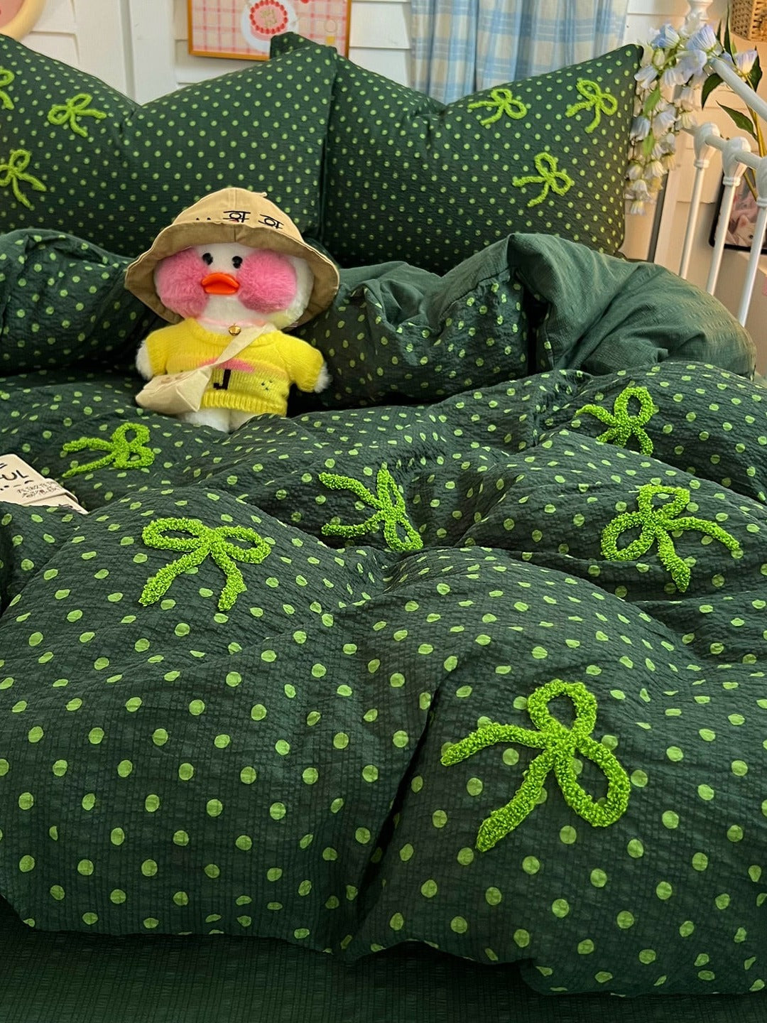 Tufted Bow Dot Seersucker Bedding Set original reference image 23