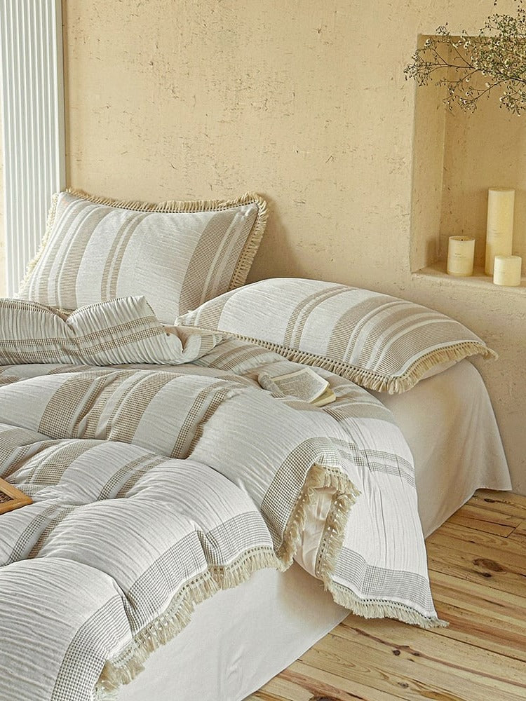Waffle Stripe Tassel Bedding Set original reference image 4
